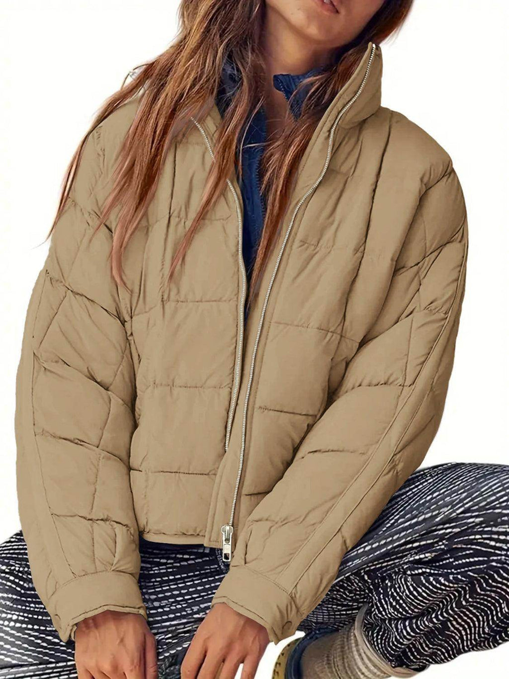 Pocketed Plaid Quilted Zip Up Winter Coat for Women-4