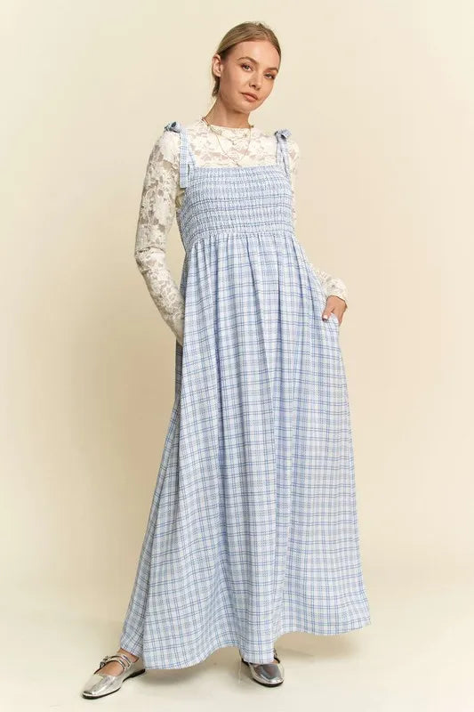 Davi & Dani Plaid Smocking Sleeveless Maxi Dress-0