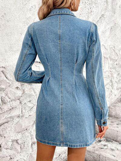 Pocketed Button Up Long Sleeve Denim Dress for Women-1