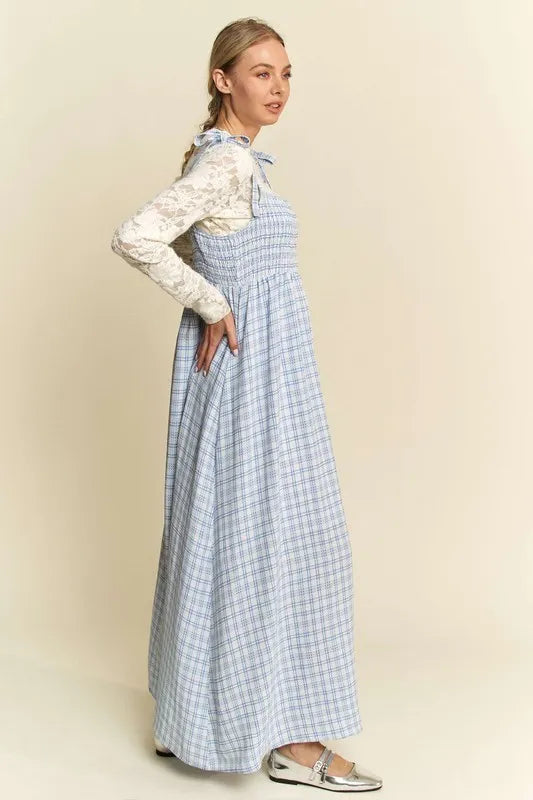 Davi & Dani Plaid Smocking Sleeveless Maxi Dress-1