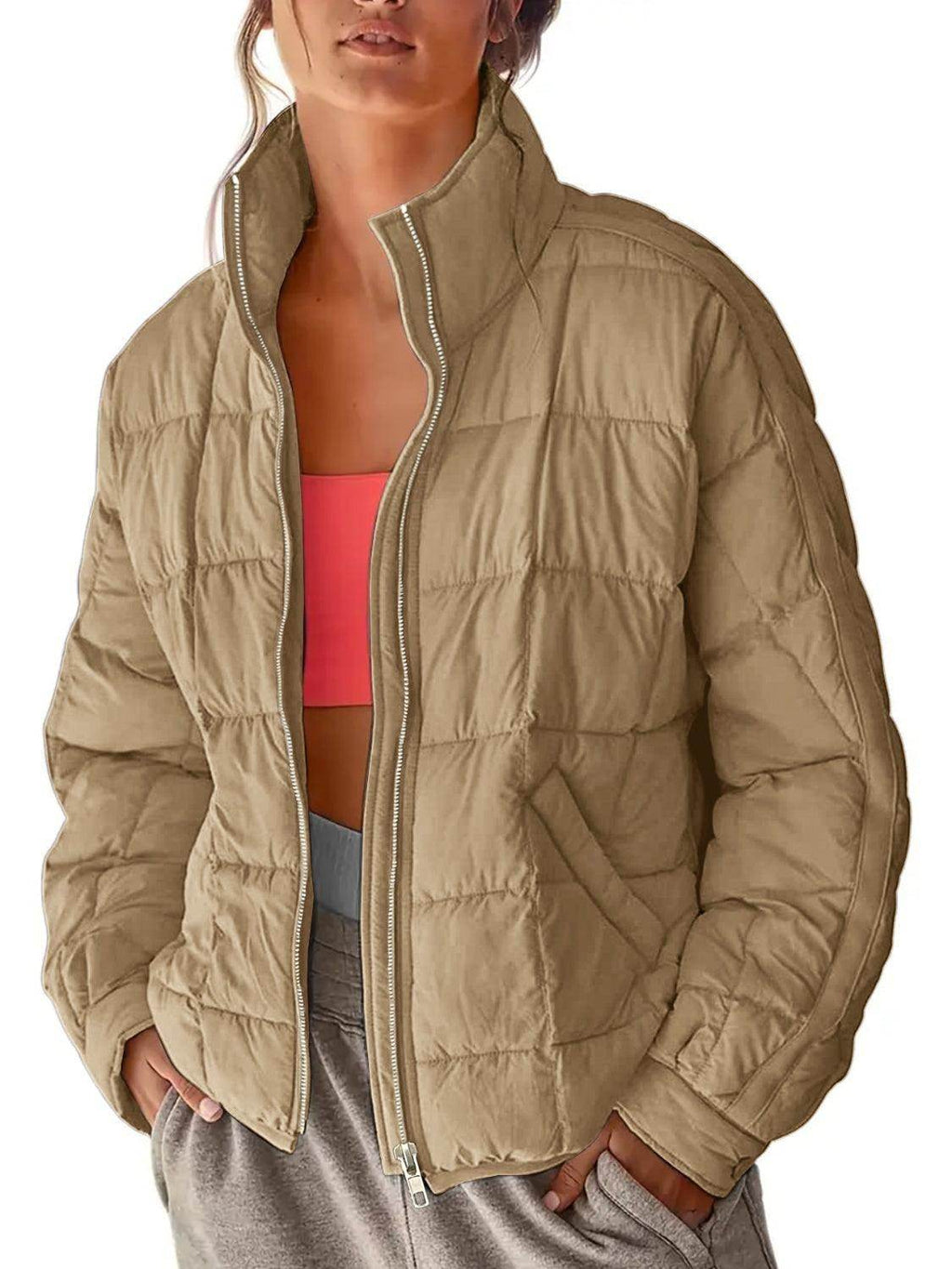 Pocketed Plaid Quilted Zip Up Winter Coat for Women-2