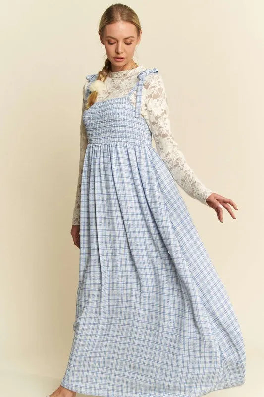 Davi & Dani Plaid Smocking Sleeveless Maxi Dress-4