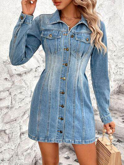 Pocketed Button Up Long Sleeve Denim Dress for Women-0
