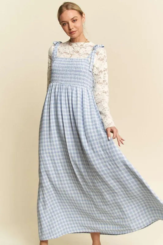 Davi & Dani Plaid Smocking Sleeveless Maxi Dress-3
