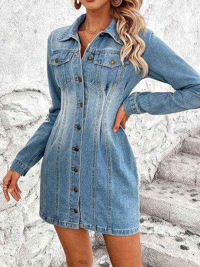 Pocketed Button Up Long Sleeve Denim Dress for Women-3