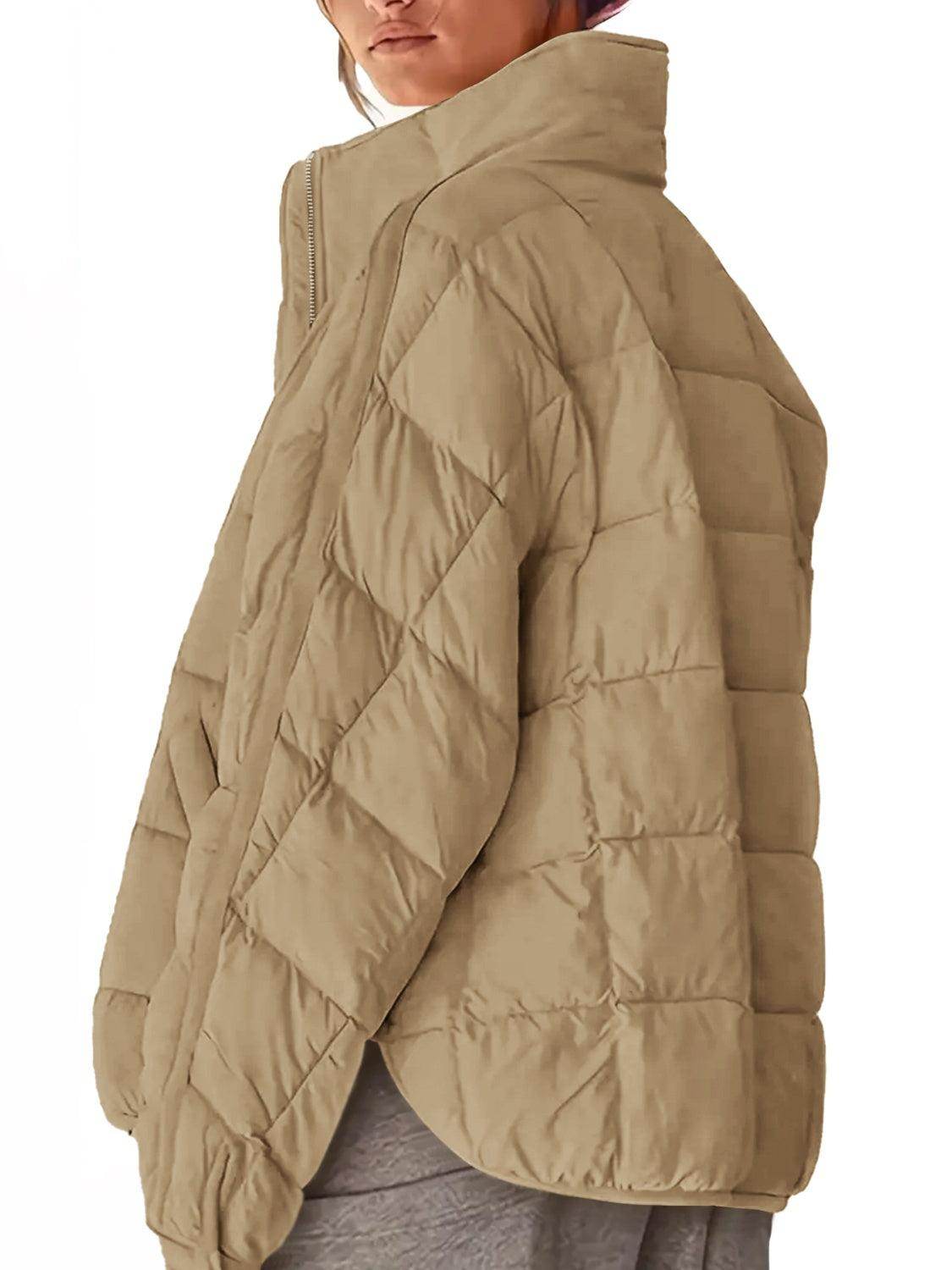 Pocketed Plaid Quilted Zip Up Winter Coat for Women-3