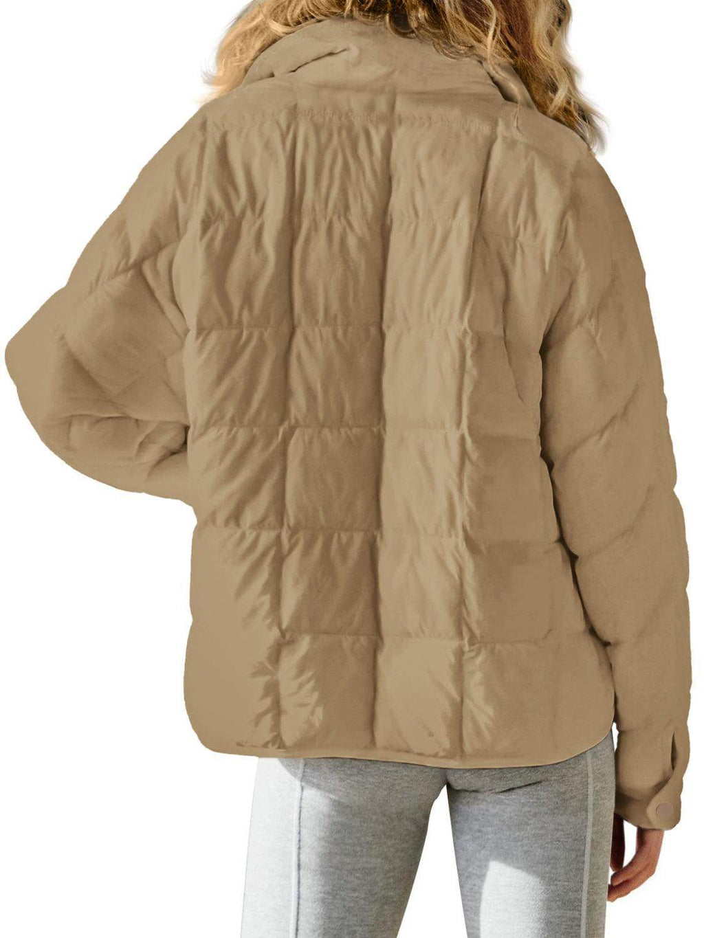 Pocketed Plaid Quilted Zip Up Winter Coat for Women-1